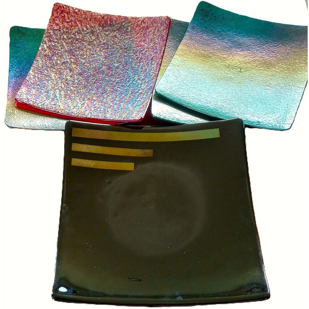 Art Glass Plates Set of 5 Iridescent Signed Assorted Colors heavy duty